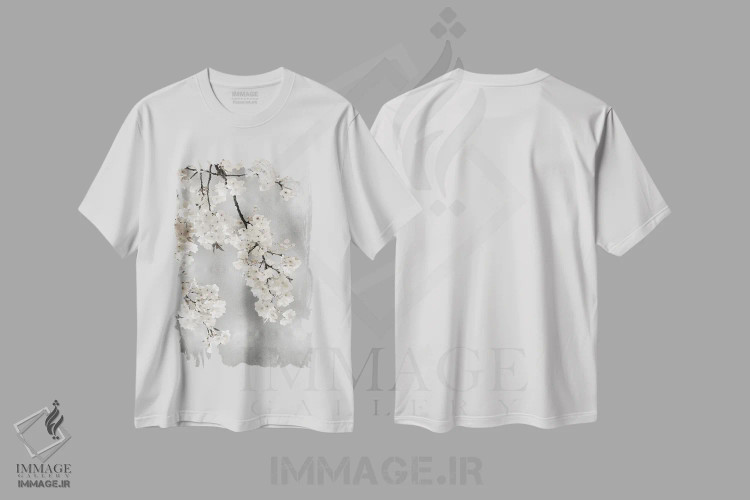 تیشرت سفید طرح دار شکوفه های سفید روی زمینه نقره ای I، تزئینی اثر کیت بنت | immage.ir