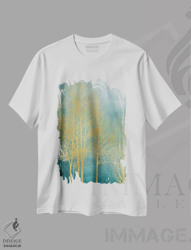 تیشرت سفید طرح دار درختان طلایی روی زمینه آبی فیروزه ای I، دکور معاصر اثر کیت بنت | فروشگاه ایماژ