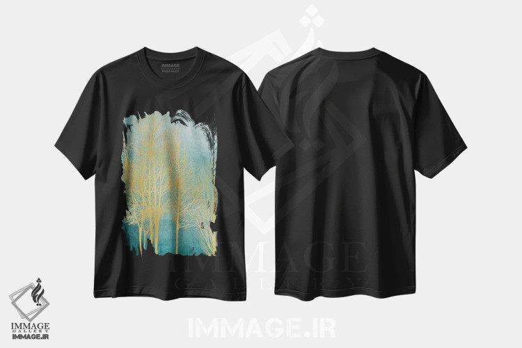 تیشرت مشکی طرح دار درختان طلایی روی زمینه آبی فیروزه ای I، دکور معاصر اثر کیت بنت | immage.ir