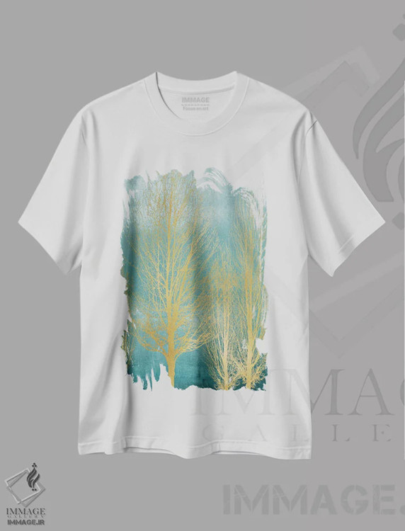 تیشرت سفید طرح دار درختان طلایی روی زمینه آبی فیروزه ای II، دکور معاصر اثر کیت بنت | فروشگاه ایماژ