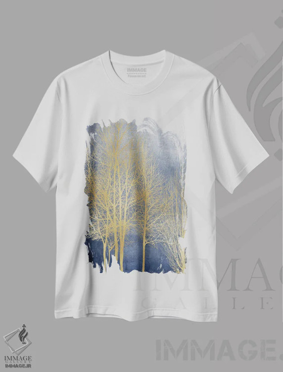 تیشرت سفید طرح دار درختان طلایی روی پنل آبی I، دکور معاصر اثر کیت بنت | immage.ir