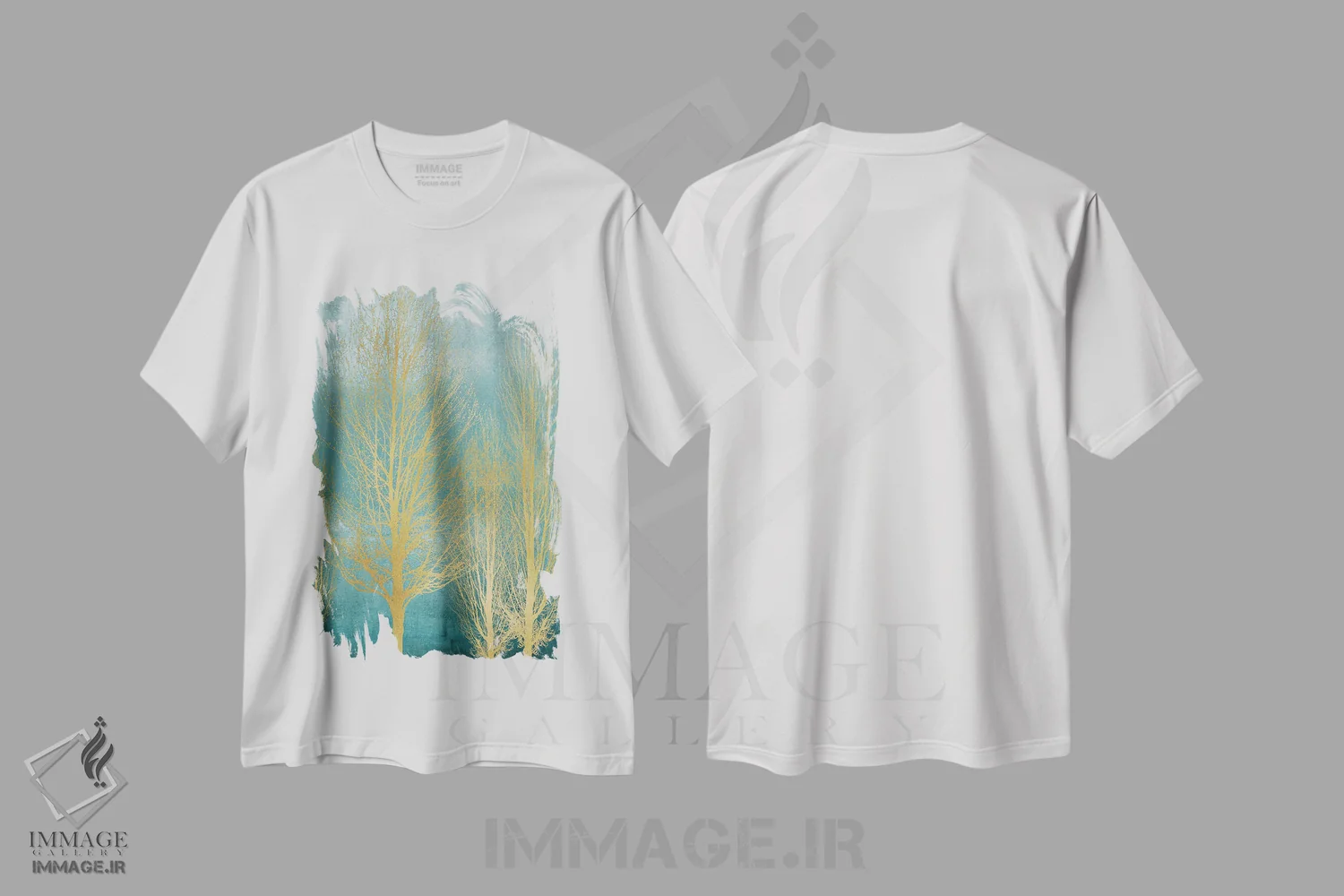 تیشرت سفید طرح دار درختان طلایی روی زمینه آبی فیروزه ای II، دکور معاصر اثر کیت بنت | فروشگاه ایماژ