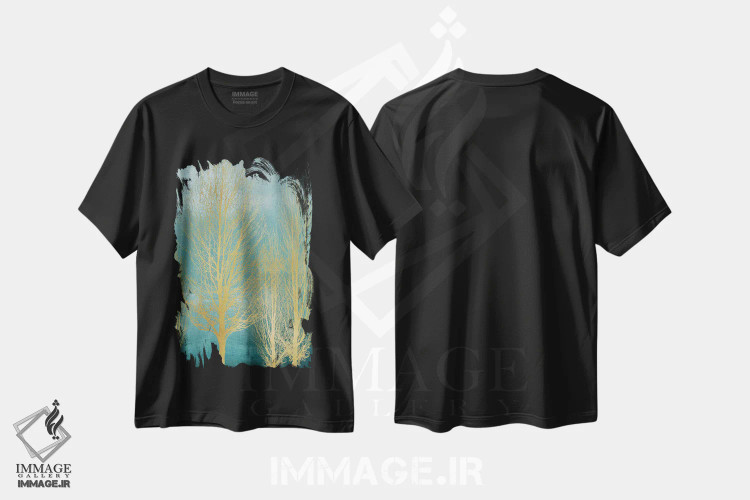 تیشرت مشکی طرح دار درختان طلایی روی زمینه آبی فیروزه ای II، دکور معاصر اثر کیت بنت | immage.ir