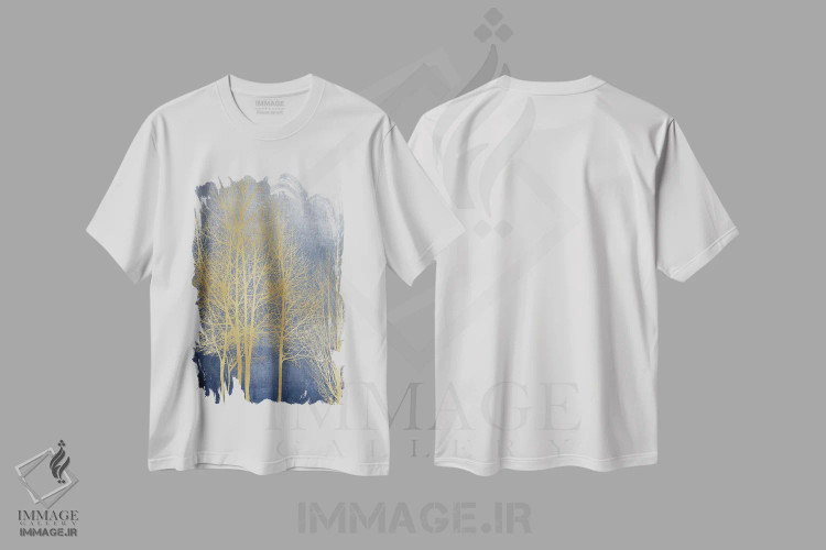 تیشرت سفید طرح دار درختان طلایی روی پنل آبی I، دکور معاصر اثر کیت بنت | immage.ir