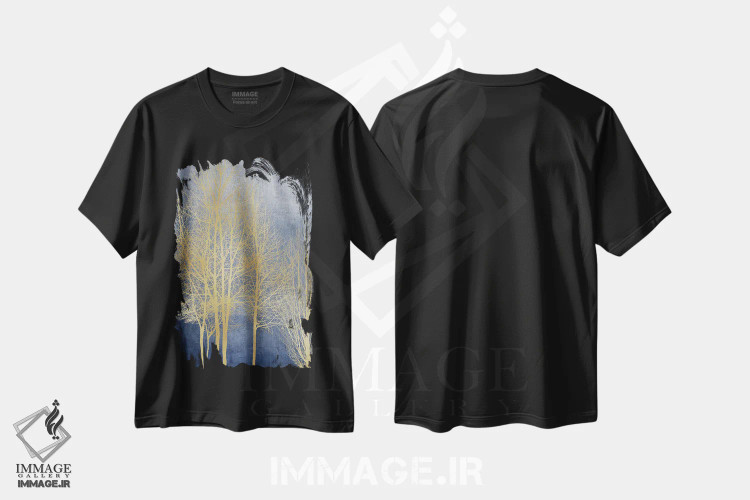 تیشرت مشکی طرح دار درختان طلایی روی پنل آبی I، دکور معاصر اثر کیت بنت | فروشگاه ایماژ