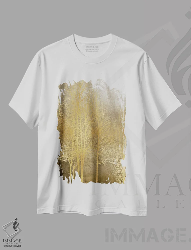 تیشرت سفید طرح دار درختان طلایی روی پنل قهوه ای I، دکور معاصر اثر کیت بنت | فروشگاه ایماژ