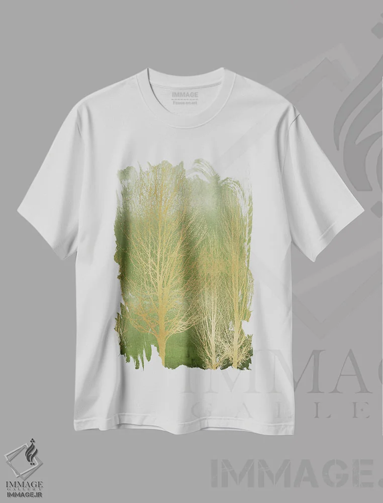 تیشرت سفید طرح دار درختان طلایی روی پنل سبز II، دکور معاصر اثر کیت بنت | immage.ir