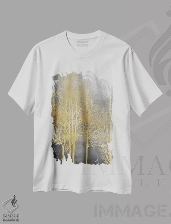 تیشرت سفید طرح دار درختان طلایی روی پنل خاکستری I، دکور معاصر اثر کیت بنت | immage.ir