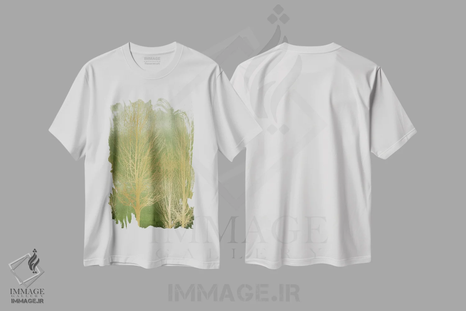 تیشرت سفید طرح دار درختان طلایی روی پنل سبز II، دکور معاصر اثر کیت بنت | immage.ir