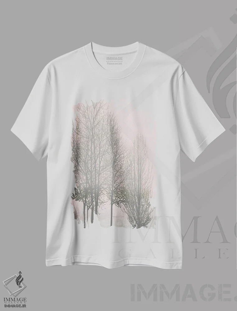 تیشرت سفید طرح دار درختان خاکستری روی پنل صورتی I، دکور معاصر اثر کیت بنت | فروشگاه ایماژ