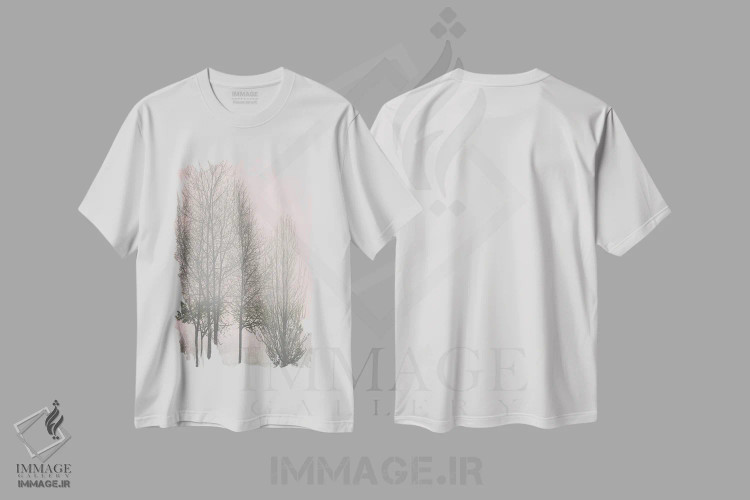 تیشرت سفید طرح دار درختان خاکستری روی پنل صورتی I، دکور معاصر اثر کیت بنت | فروشگاه ایماژ