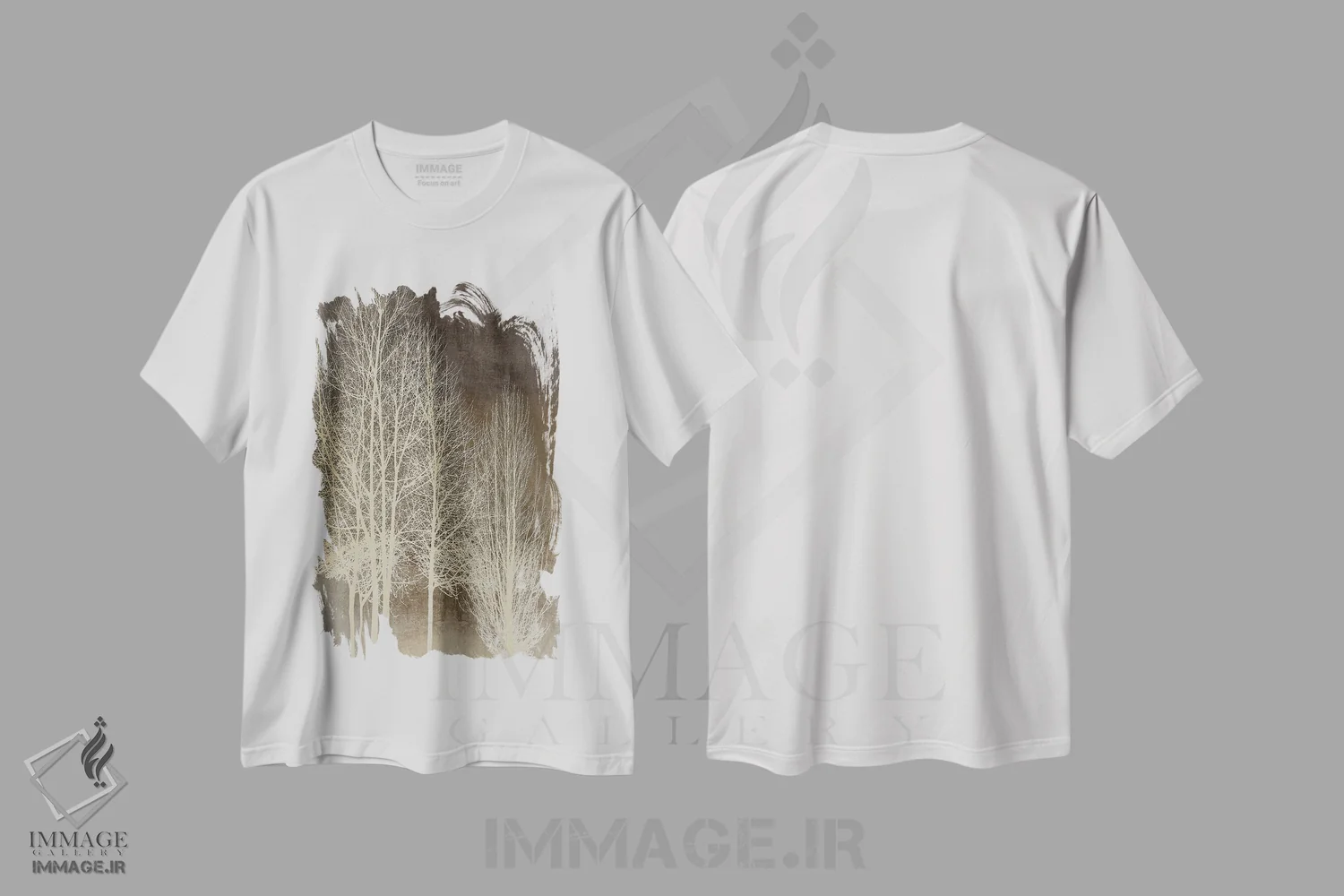 تیشرت سفید طرح دار درختان روی پنل قهوه ای I، دکور معاصر اثر کیت بنت | immage.ir