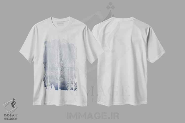 تیشرت سفید طرح دار درختان سفید روی پنل آبی II، دکور معاصر اثر کیت بنت | immage.ir