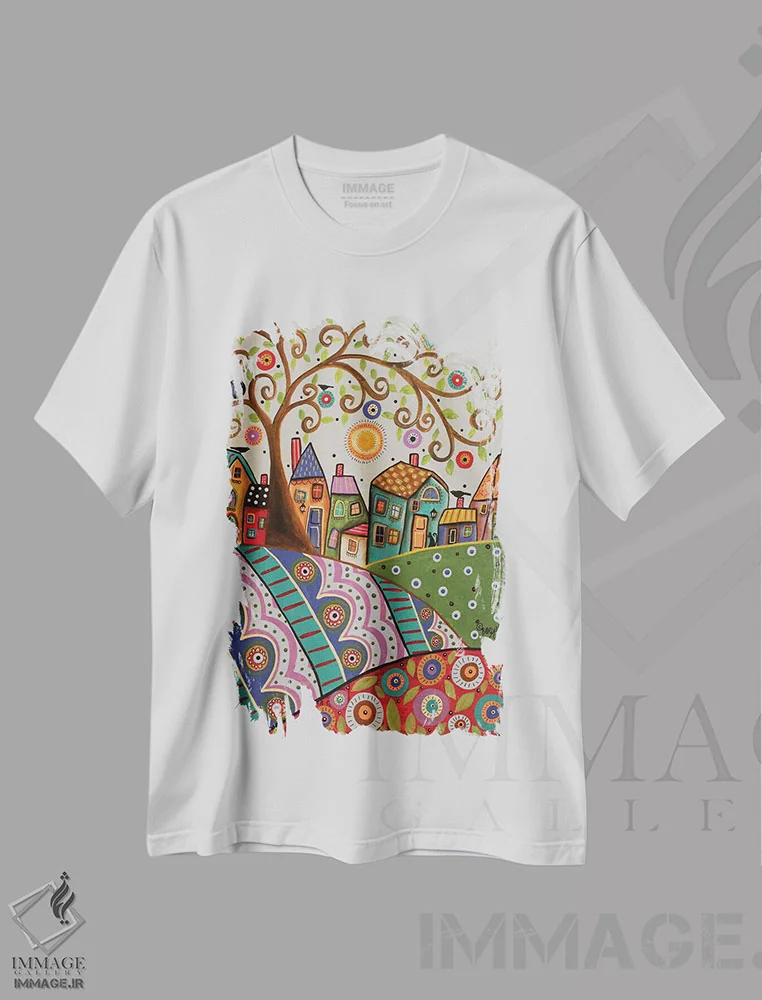 تیشرت سفید طرح دار منظره سرگرم کننده، دکور معاصر اثر کارلا جرارد | فروشگاه ایماژ