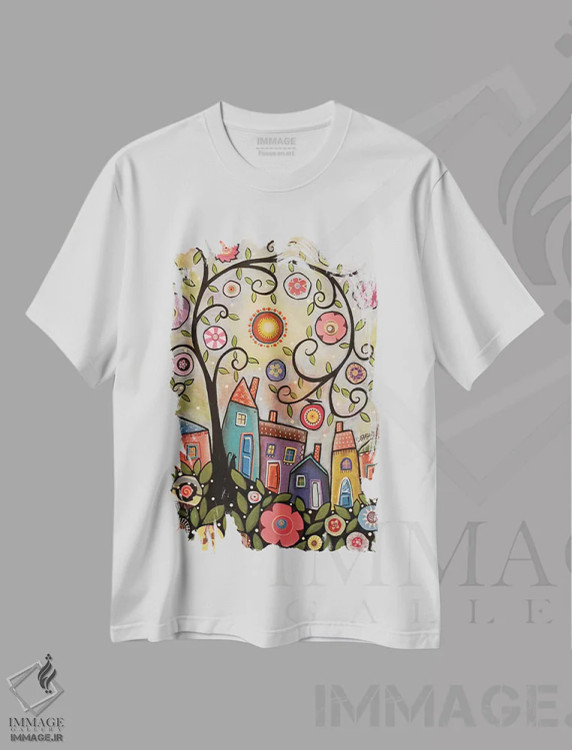 تیشرت سفید طرح دار روستای درختی کلاژ شده، دکور معاصر اثر کارلا جرارد | فروشگاه ایماژ
