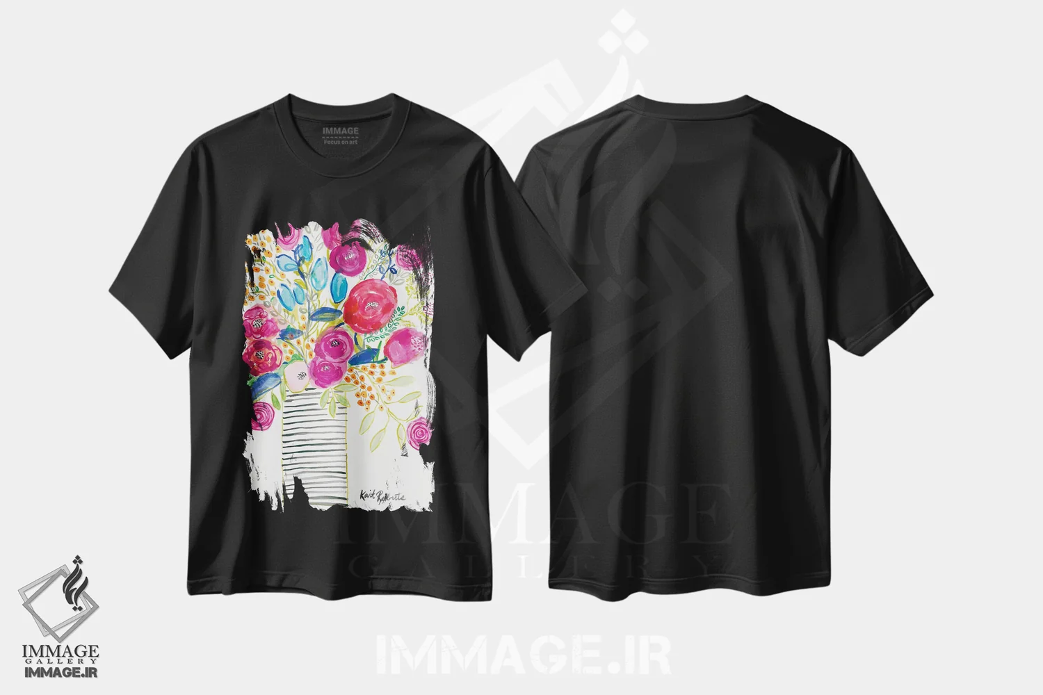 تیشرت مشکی طرح دار شکوفه های سرخوش، آبستره اثر کیت رابرتس | فروشگاه ایماژ