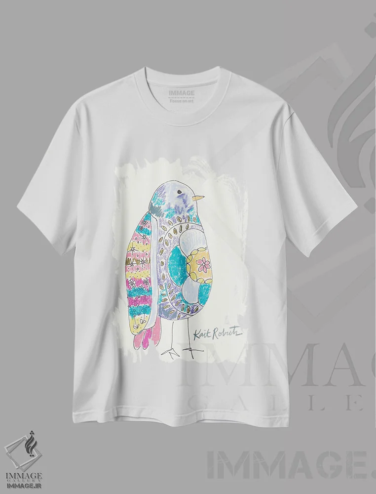 تیشرت سفید طرح دار جنیس، پرنده، دست نقاشی و طراحی دستی اثر کیت رابرتس | فروشگاه ایماژ