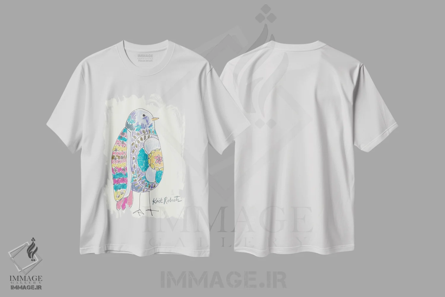 تیشرت سفید طرح دار جنیس، پرنده، دست نقاشی و طراحی دستی اثر کیت رابرتس | فروشگاه ایماژ
