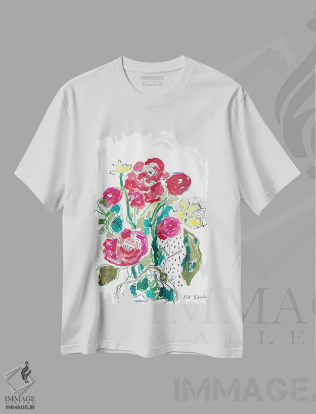 تیشرت سفید طرح دار پایین سوراخ خرگوش با گل ها، دکور معاصر اثر کیت رابرتس | فروشگاه ایماژ