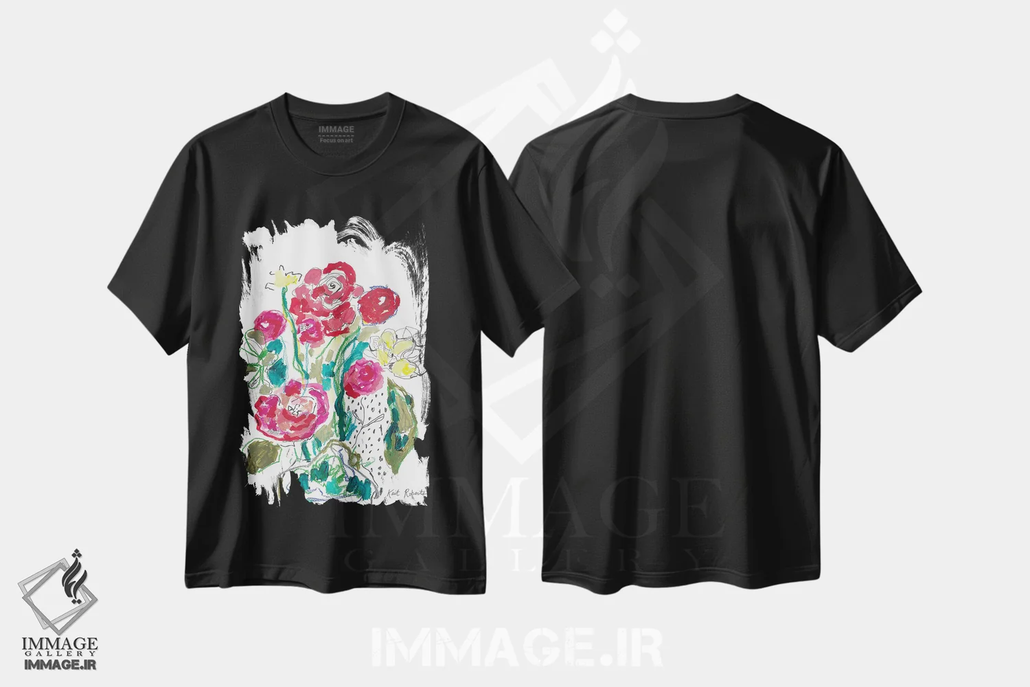 تیشرت مشکی طرح دار پایین سوراخ خرگوش با گل ها، دکور معاصر اثر کیت رابرتس | immage.ir