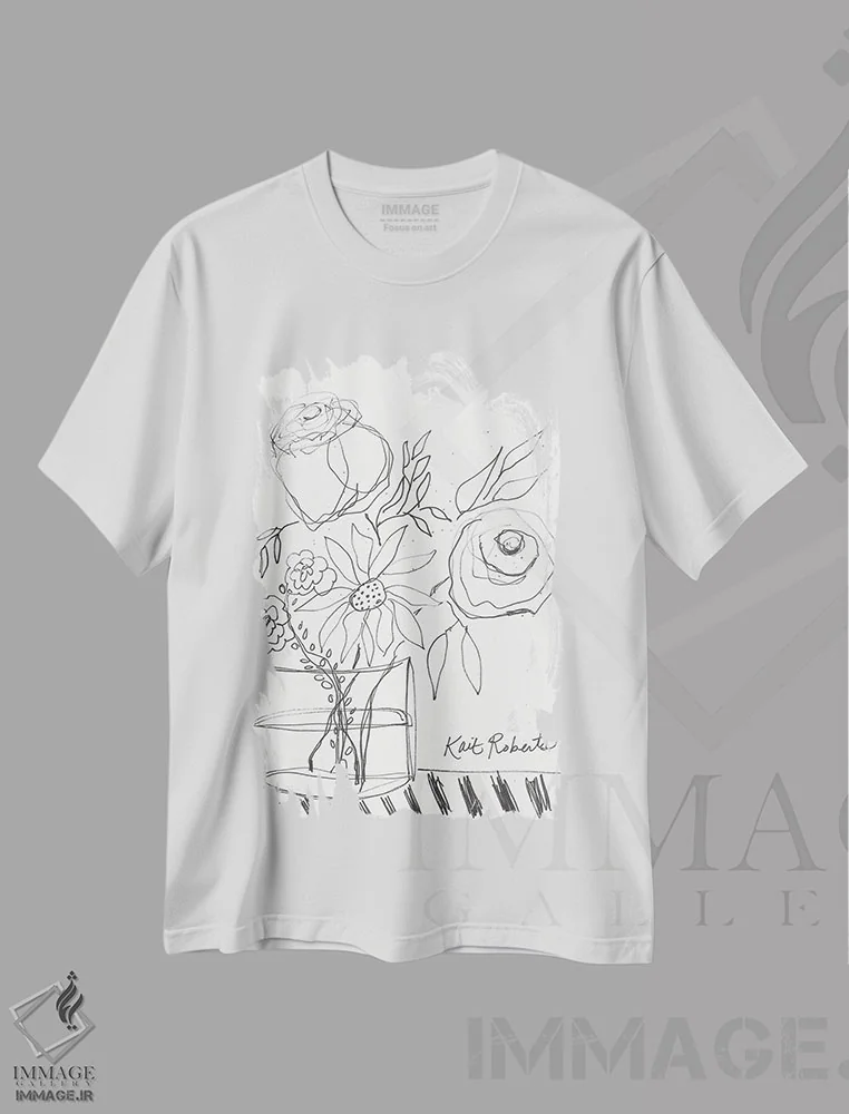 تیشرت سفید طرح دار صبح بخیر، هنر تزئینی سیاه و سفید اثر کیت رابرتس | فروشگاه ایماژ