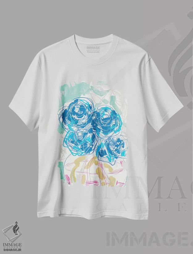 تیشرت سفید طرح دار شکوفه های روی پاتختی در آب، آبستره اثر کیت رابرتس | فروشگاه ایماژ