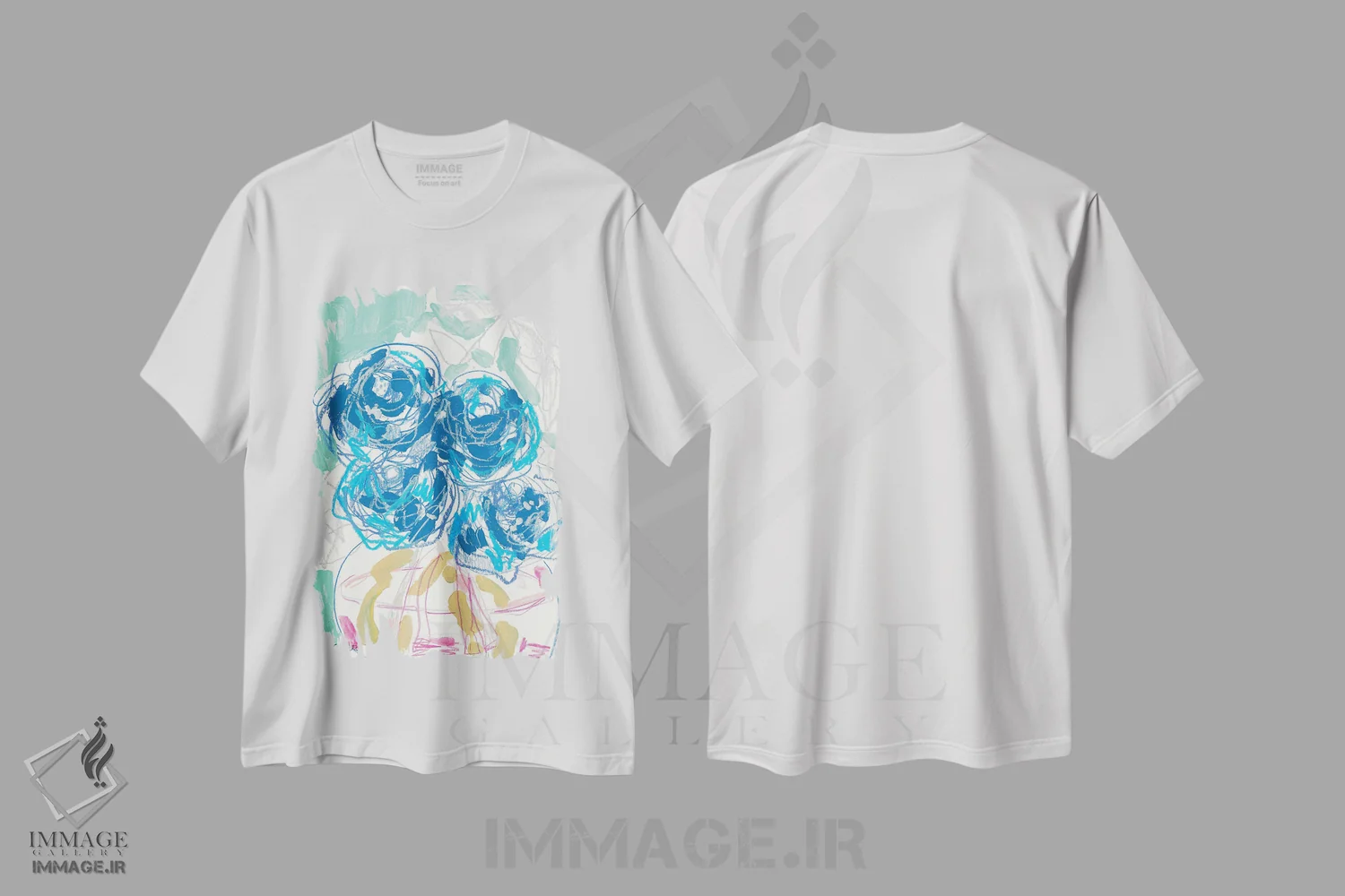 تیشرت سفید طرح دار شکوفه های روی پاتختی در آب، آبستره اثر کیت رابرتس | فروشگاه ایماژ