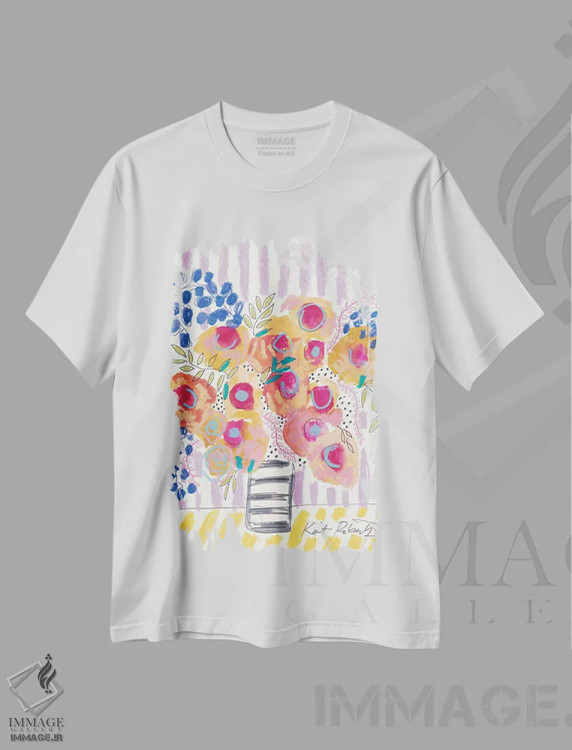 تیشرت سفید طرح دار شقایق های هلویی، آبستره اثر کیت رابرتس | فروشگاه ایماژ