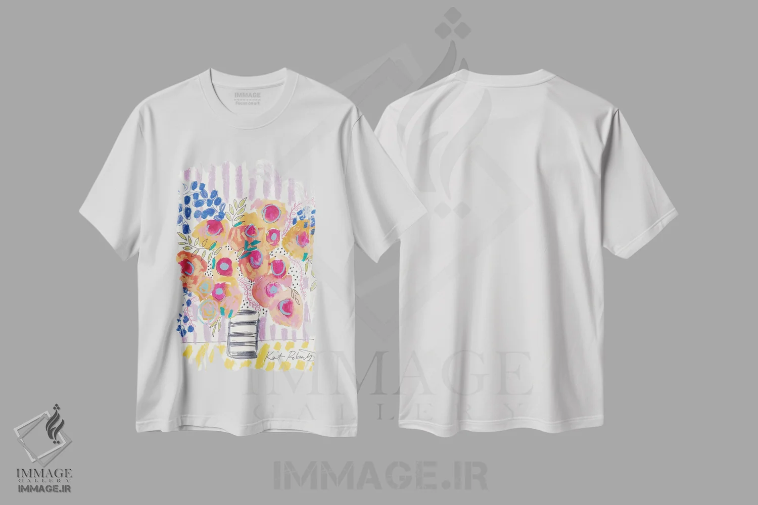 تیشرت سفید طرح دار شقایق های هلویی، آبستره اثر کیت رابرتس | فروشگاه ایماژ