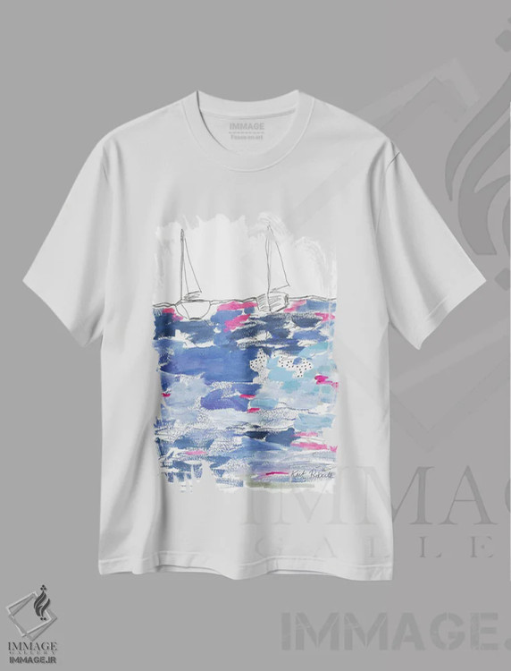 تیشرت سفید طرح دار منظره از خانه ساحلی، آبستره اثر کیت رابرتس | فروشگاه ایماژ