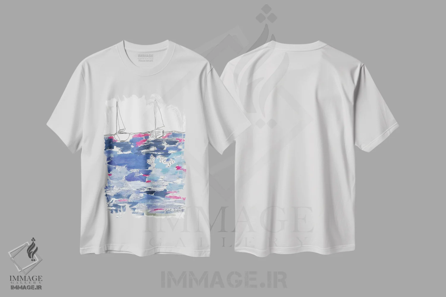 تیشرت سفید طرح دار منظره از خانه ساحلی، آبستره اثر کیت رابرتس | فروشگاه ایماژ