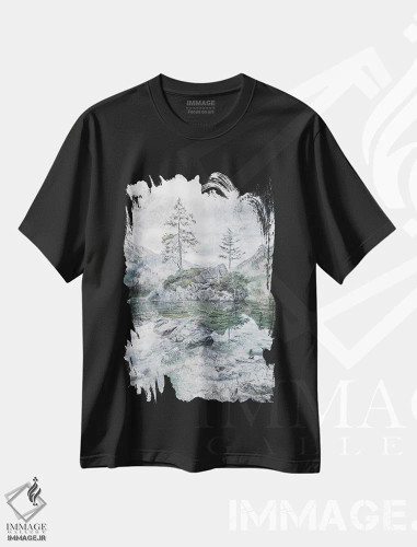 تیشرت مشکی طرح دار تنهایی در کنار دریاچه و کوه، دکور کلبه و لژ اثر کاترینا جونز | فروشگاه ایماژ