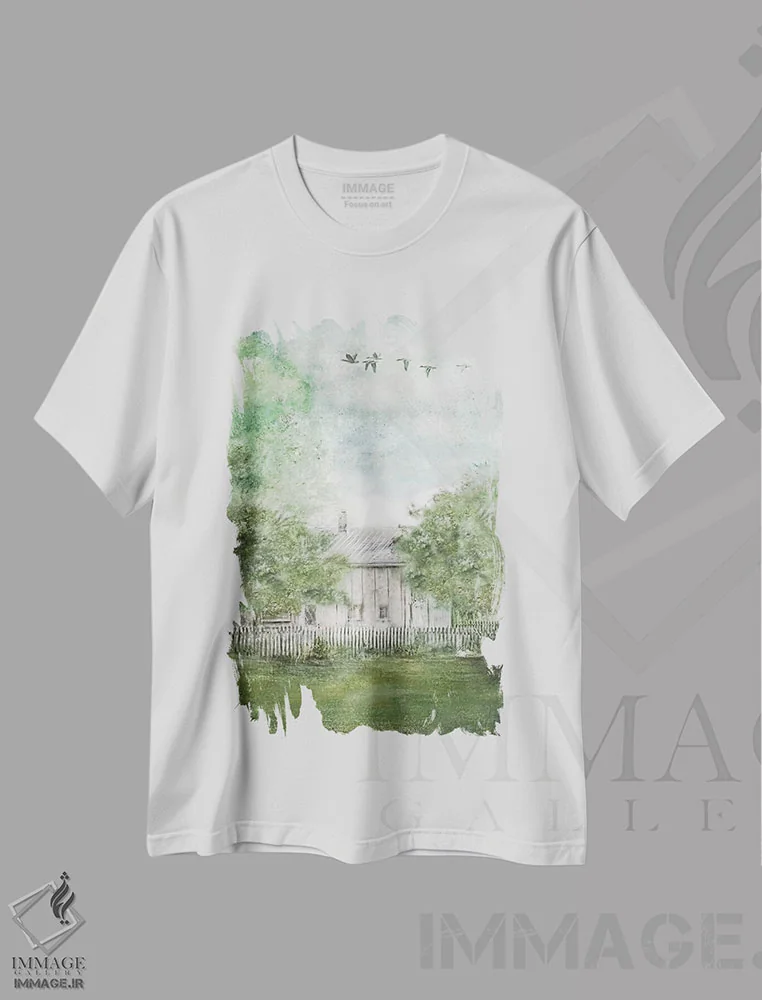 تیشرت سفید طرح دار خانه قدیمی بهاری، تزئینی اثر کاترینا جونز | فروشگاه ایماژ