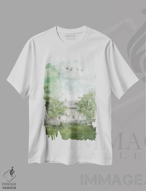 تیشرت سفید طرح دار خانه قدیمی بهاری، تزئینی اثر کاترینا جونز | فروشگاه ایماژ