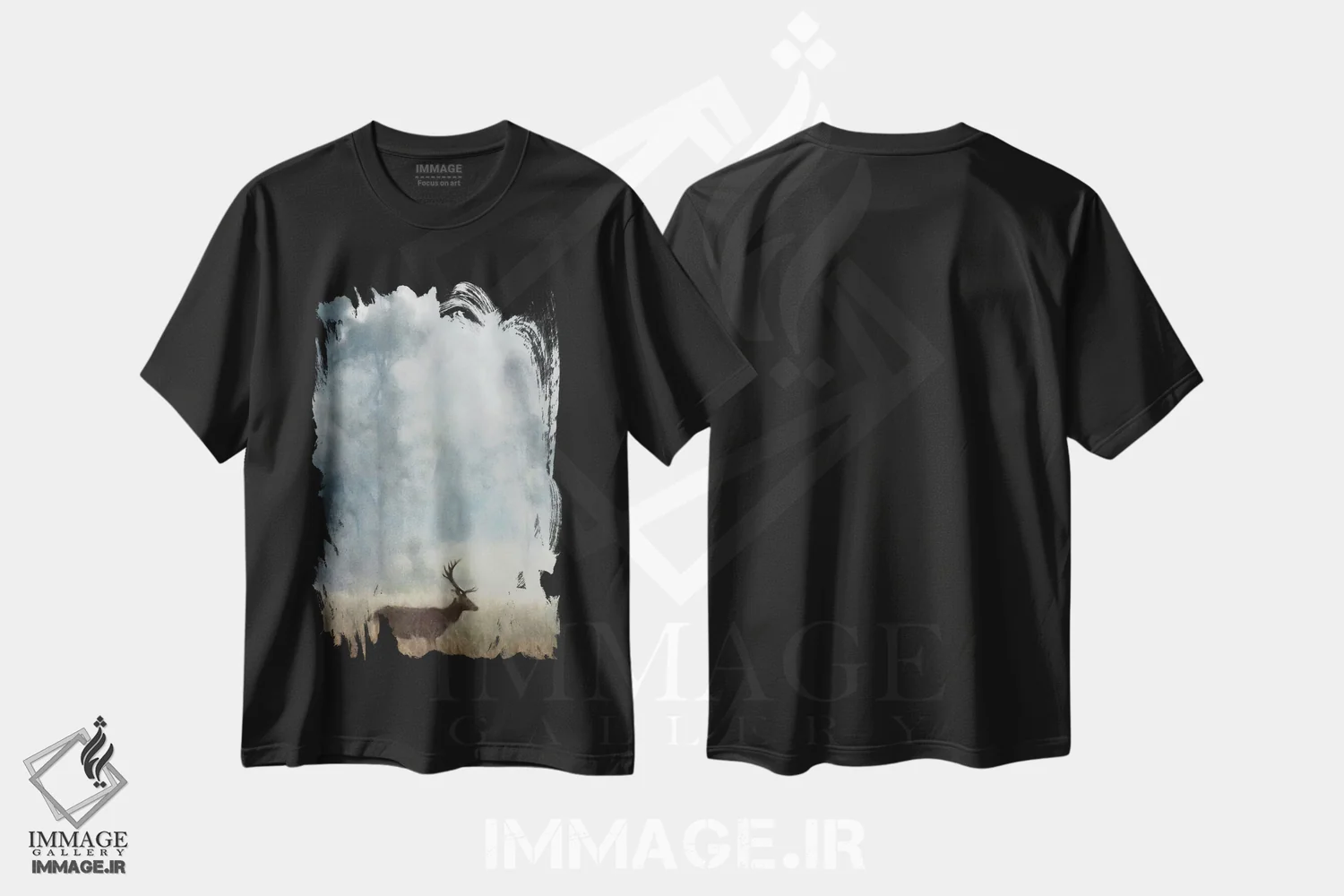 تیشرت مشکی طرح دار گوزن نر، دکور کلبه و لژ اثر کاترینا جونز | فروشگاه ایماژ