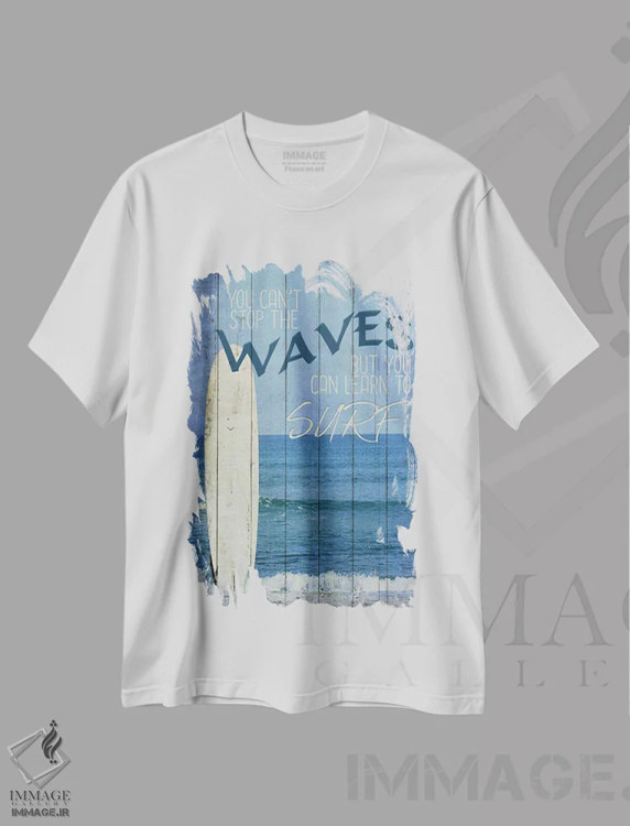 تیشرت سفید طرح دار یاد بگیر موج سواری کنی، دکور ساحلی اثر کیمبرلی آلن | فروشگاه ایماژ