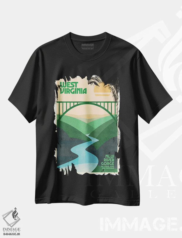 تیشرت مشکی طرح دار پوستر رترو سفر ویرجینیای غربی، تزئینی اثر جیم زانیسر | فروشگاه ایماژ