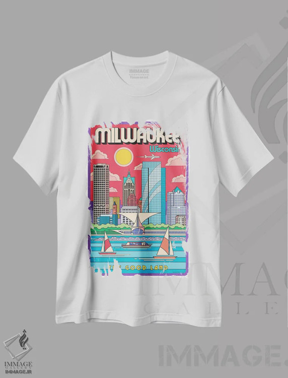 تیشرت سفید طرح دار پوستر سفر پاپ آرت میلواکی، هنر فاخر معاصر اثر جیم زانیسر | immage.ir