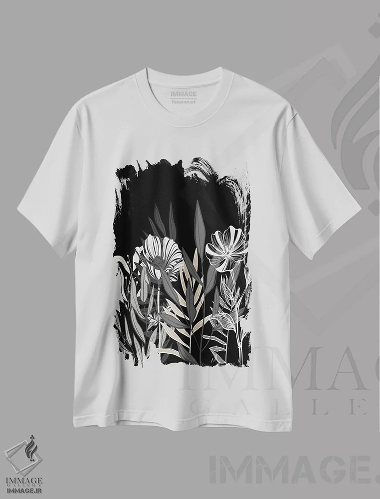 تیشرت سفید طرح دار برگ های گلدار، هنر تزئینی سیاه و سفید اثر کیمبرلی آلن | immage.ir