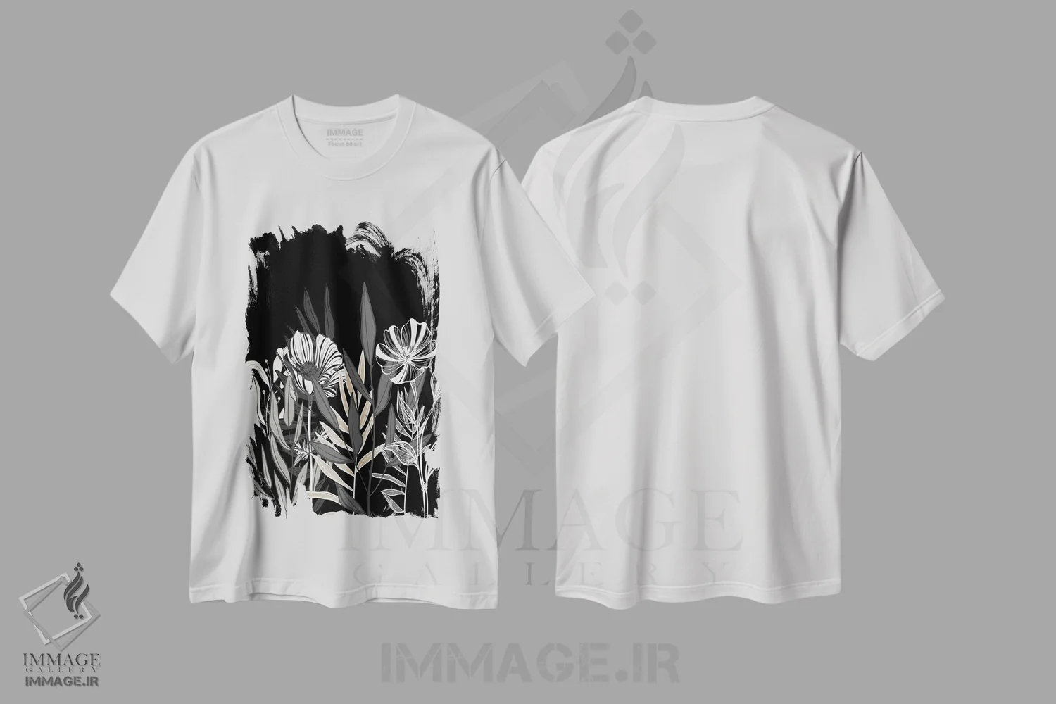 تیشرت سفید طرح دار برگ های گلدار، هنر تزئینی سیاه و سفید اثر کیمبرلی آلن | immage.ir