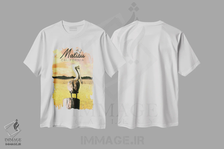 تیشرت سفید طرح دار California,مالیبو، کالیفرنیا، تزئینی اثر کتی منسفیلد | فروشگاه ایماژ