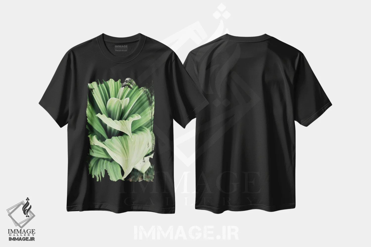 تیشرت مشکی طرح دار شکوفه های برگ سبز ۱، مدیوم اثر کتی منسفیلد | فروشگاه ایماژ