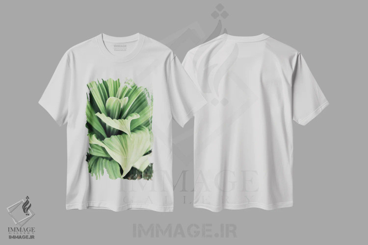 تیشرت سفید طرح دار شکوفه های برگ سبز ۱، مدیوم اثر کتی منسفیلد | immage.ir