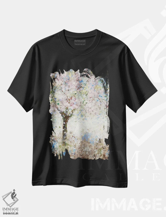 تیشرت مشکی طرح دار شکوفه های گیلاس شماره ۱، دکور معاصر اثر کاترینا کراوِن | فروشگاه ایماژ