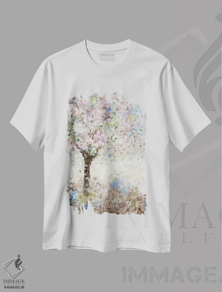 تیشرت سفید طرح دار شکوفه های گیلاس شماره ۱، دکور معاصر اثر کاترینا کراوِن | immage.ir