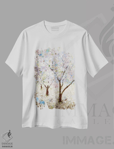تیشرت سفید طرح دار شکوفه های گیلاس شماره ۲، دکور معاصر اثر کاترینا کراوِن | فروشگاه ایماژ