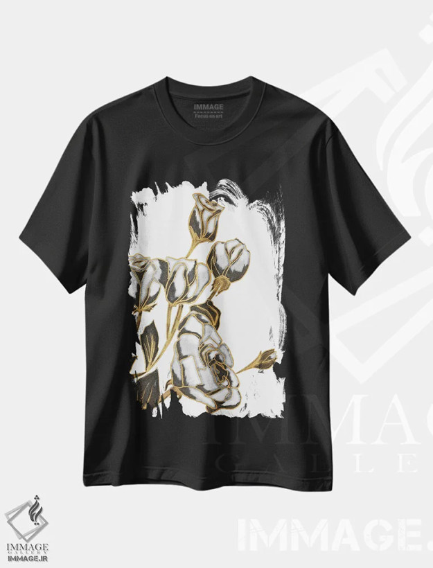 تیشرت مشکی طرح دار White and Gold Roses,رزهای سیاه، سفید و طلایی، دکور معاصر اثر کالی ویلسون | فروشگاه ایماژ