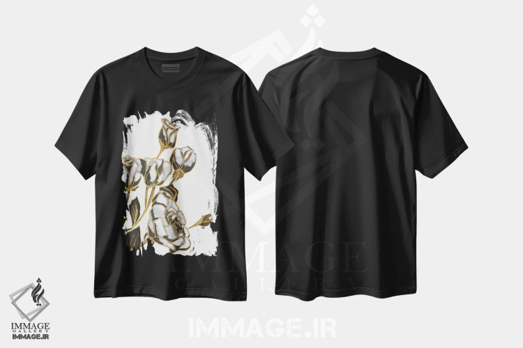 تیشرت مشکی طرح دار White and Gold Roses,رزهای سیاه، سفید و طلایی، دکور معاصر اثر کالی ویلسون | فروشگاه ایماژ