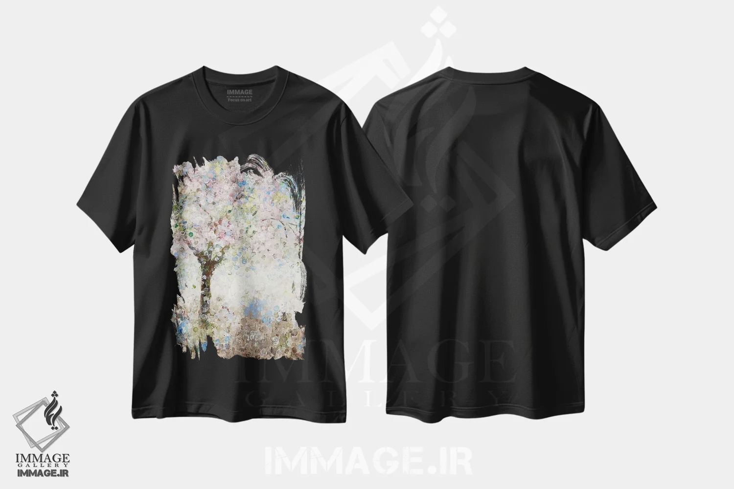 تیشرت مشکی طرح دار شکوفه های گیلاس شماره ۱، دکور معاصر اثر کاترینا کراوِن | فروشگاه ایماژ