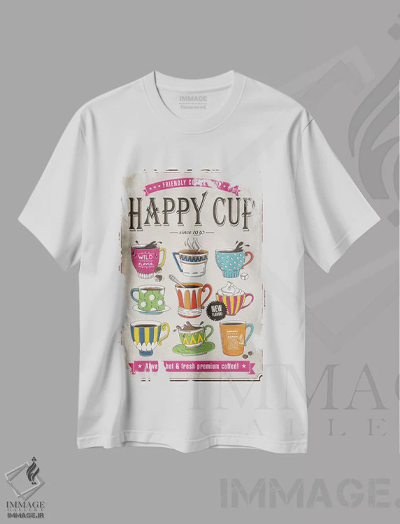 تیشرت سفید طرح دار فنجان خوشحال، هنر فاخر معاصر اثر استر کی | فروشگاه ایماژ